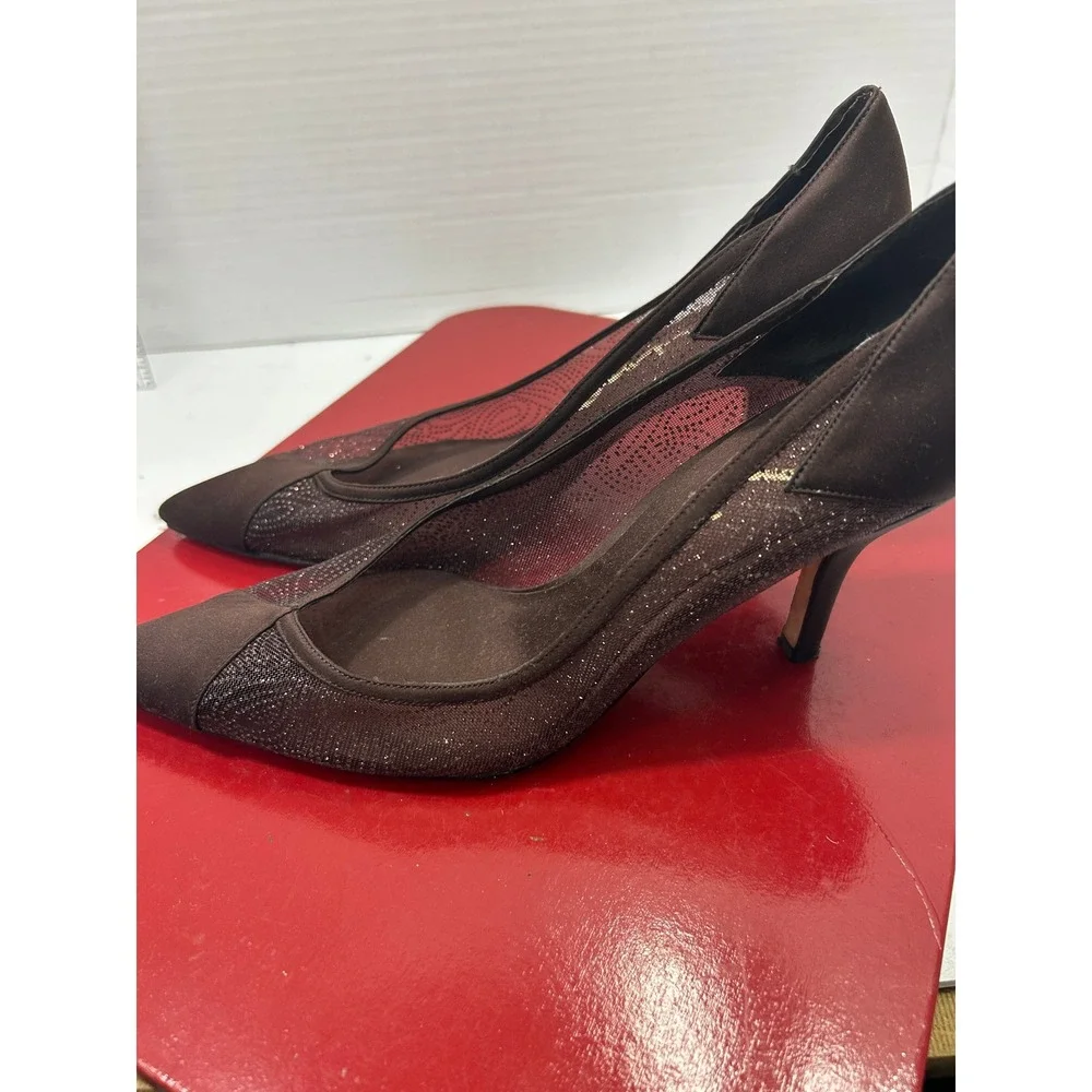 Nina Glitter Mesh Pumps 10M Brown Satin Pointed Toe Stiletto Glam Evening Chic